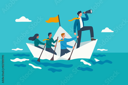 Leadership to lead business in crisis, teamwork or support to achieve target, vision or forward strategy for success concept, businessman leader with binoculars lead business team sailing origami ship
