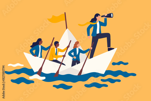 Leadership to lead business in crisis, teamwork or support to achieve target, vision or forward strategy for success concept, businessman leader with binoculars lead business team sailing origami ship