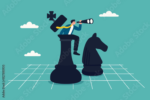 Success strategy, plan ahead to win business competition, leadership vision or looking for opportunity, competitor analysis concept, businessman leader open chess king with binocular to look ahead.