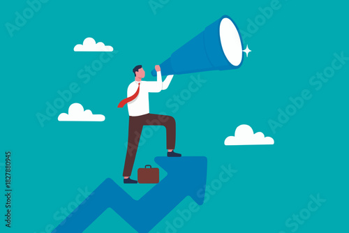 Business opportunity or investment and market prediction, future growth or career development vision, profit and earning forecast concept, businessman climb up rising arrow with big telescope spyglass
