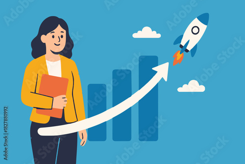 Exponential growth or compound interest, investment, wealth or earning rising up graph, business sales or profit increase concept, financial report graph with exponential arrow from flying rocket.