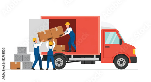 Freight workers are manually loading shipment boxes into a bright red delivery truck, depicted as a modern 2D flat vector illustration on a clean white background for logistics concepts.