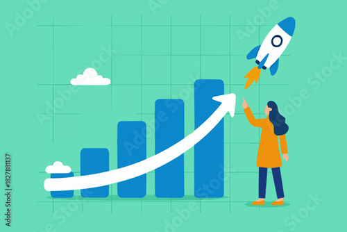 Exponential growth or compound interest, investment, wealth or earning rising up graph, business sales or profit increase concept, financial report graph with exponential arrow from flying rocket.