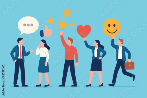 Customer feedback, user experience or client satisfaction, opinion for product and services, review rating or evaluation concept, young adult people giving emoticon feedback such as stars, thumbs up.