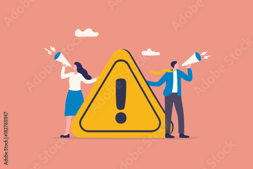 Important announcement, attention or warning information, breaking news or urgent message communication, alert and beware concept, business people announce on megaphone with attention exclamation sign