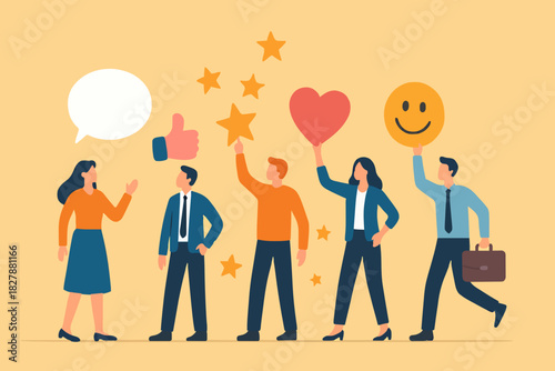 Customer feedback, user experience or client satisfaction, opinion for product and services, review rating or evaluation concept, young adult people giving emoticon feedback such as stars, thumbs up.