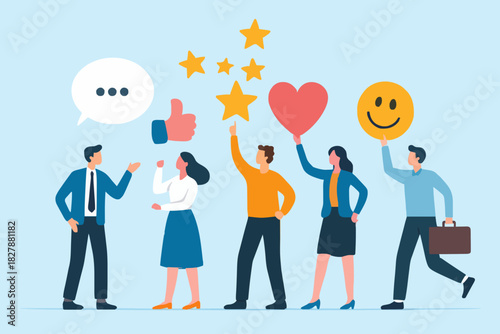 Customer feedback, user experience or client satisfaction, opinion for product and services, review rating or evaluation concept, young adult people giving emoticon feedback such as stars, thumbs up.