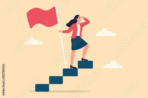 Success fearless female entrepreneur, woman leadership or challenge and achievement concept, success businesswoman on top of career staircase holding winning flag looking for future visionary.