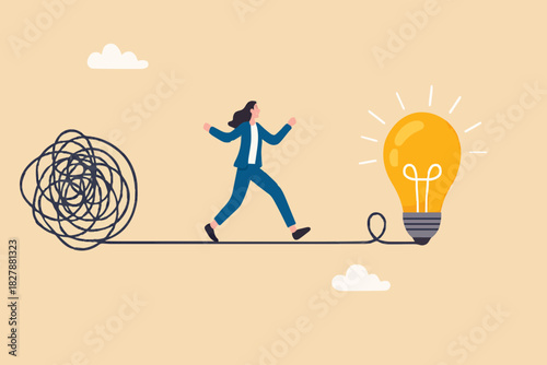 Simplify idea to find solution, thinking process or creativity to solve problem, discover easy way to understand concept, smart businessman walking away from mess chaos line to simple lightbulb idea.