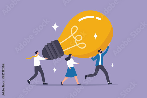 Innovation idea to drive team success, business innovative solution, community or invention help company achieve goal concept, business people teamwork help carry big smart lightbulb innovation idea.