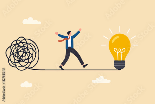 Simplify idea to find solution, thinking process or creativity to solve problem, discover easy way to understand concept, smart businessman walking away from mess chaos line to simple lightbulb idea.