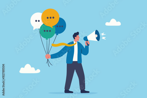 Communication or PR, Public Relations manager to communicate company information and media, announce sales or promotion concept, businessman holding speech bubble balloons while talking on megaphone.