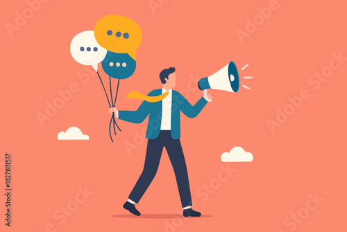 Communication or PR, Public Relations manager to communicate company information and media, announce sales or promotion concept, businessman holding speech bubble balloons while talking on megaphone.