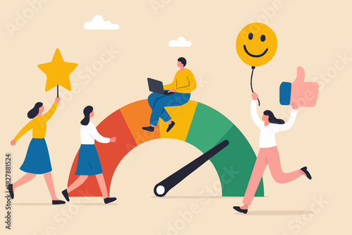 Employee engagement, commitment or motivation to success with company, staff dedication or job satisfaction, productivity or employee recognition, business people employee with stars and happy reward.