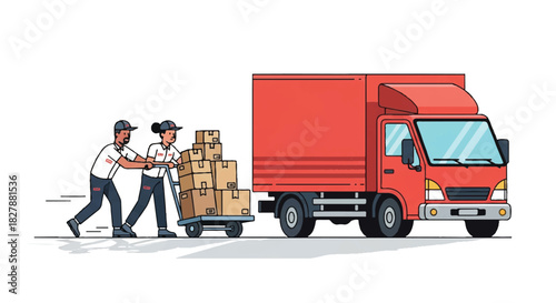 Logistics employees efficiently push a hand cart loaded with brown shipping boxes toward a large red delivery truck in this clean 2D flat vector illustration.
