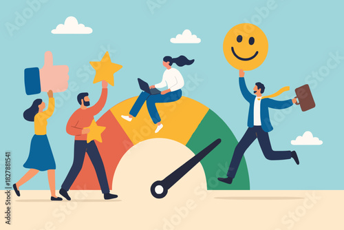 Employee engagement, commitment or motivation to success with company, staff dedication or job satisfaction, productivity or employee recognition, business people employee with stars and happy reward.