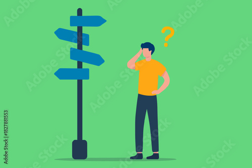 Business decision making, career path, work direction or choose the right way to success concept, confusing businessman looking at multiple road sign with question mark and thinking which way to go.