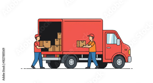Workers manually loading stacked delivery boxes into the back of a large red transport truck, illustrating commercial logistics and shipping services in a modern 2D flat vector style.