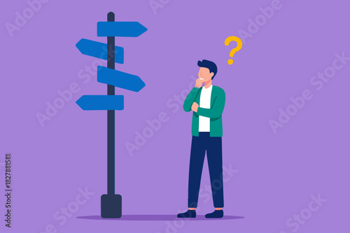 Business decision making, career path, work direction or choose the right way to success concept, confusing businessman looking at multiple road sign with question mark and thinking which way to go.