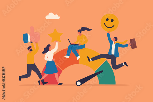 Employee engagement, commitment or motivation to success with company, staff dedication or job satisfaction, productivity or employee recognition, business people employee with stars and happy reward.