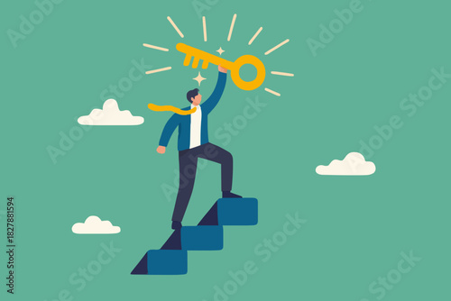 Key to business success, stairway to find secret key or achieve career target concept, businessman winner walk up to top of stairway lifting golden success key to the sky.