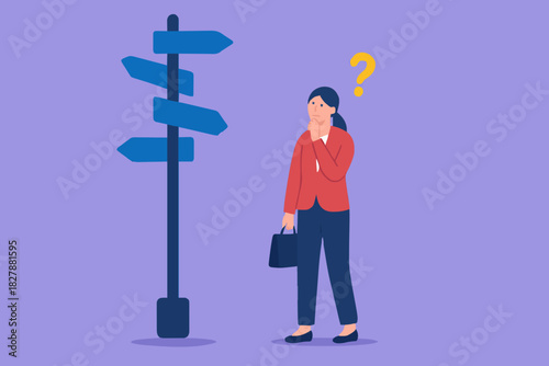 Business decision making, career path, work direction or choose the right way to success concept, confusing businessman looking at multiple road sign with question mark and thinking which way to go.