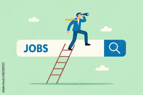 Looking for new job, employment, career or job search, find opportunity, seek for vacancy or work position concept, businessman climb up ladder of job search bar with binoculars to see opportunity.