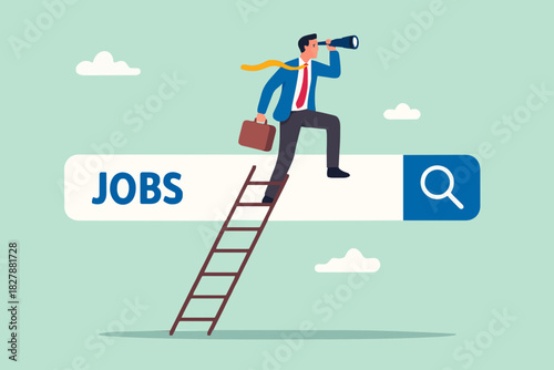 Looking for new job, employment, career or job search, find opportunity, seek for vacancy or work position concept, businessman climb up ladder of job search bar with binoculars to see opportunity.