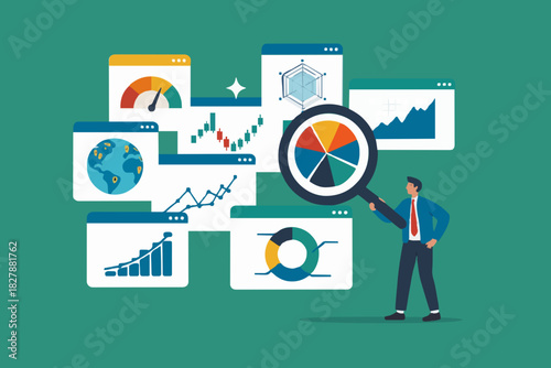 Analysis report research result, chart and diagram dashboard, financial graph statistics, analyze data, SEO or optimization concept, businessman with magnifying glass analyze research chart and graph.
