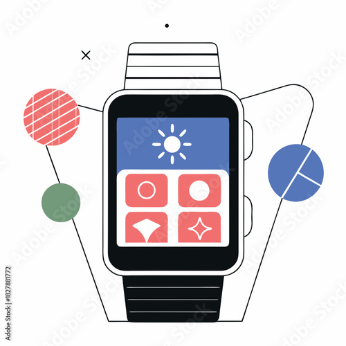 Modern smartwatch with app icons and abstract shapes