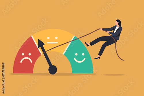 Performance rating or customer feedback, credit score or satisfaction measurement, quality control or improvement concept, strong businesswoman pull the string to make rating gauge to be excellent.