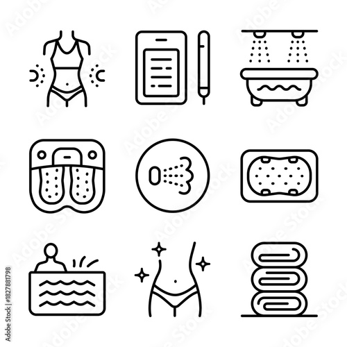 Hydro massage outline icons set. Spa aqua. Park bathing. Health care and medical vector symbols isolated on white background.