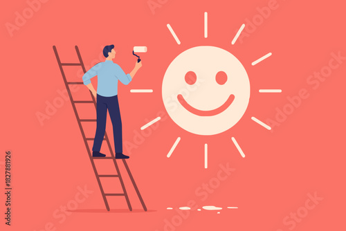 Happiness and positive thinking, optimism or motivation to live happy life concept, happy boy climb up ladder to paint smile face on the wall.