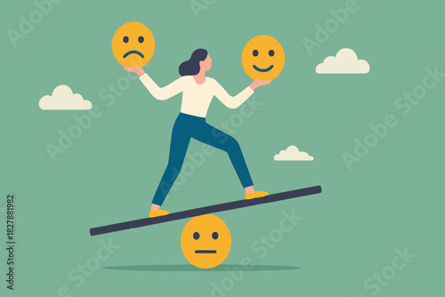 Emotional intelligence, balance emotion control feeling between work stressed or sadness and happy lifestyle concept, mindful calm woman using her hand to balance smile and sad face.