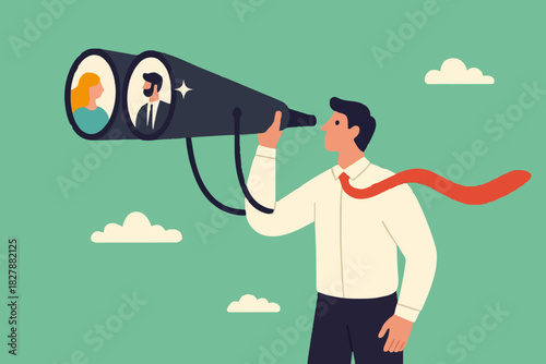 Searching for candidate, HR Human Resources find people to fill in job vacancy, recruitment or finding career opportunity concept, businessman HR look through binoculars to find candidate people.