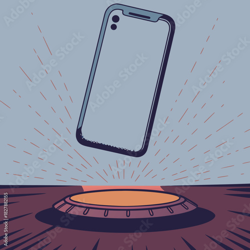 Smartphone levitating above a glowing circular platform