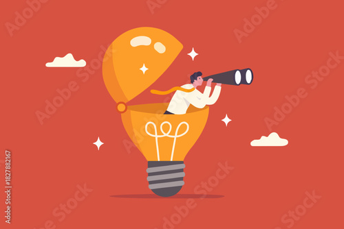 Creativity to help see business opportunity, vision to discover new solution or idea, curiosity, searching for success concept, businessman open lightbulb idea using binoculars to see business vision.