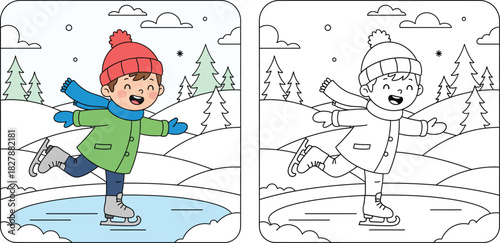 Coloring book page for kids, cute boy ice skating on frozen pond, winter landscape, vector illustration with color guide and black and white outline for educational activity