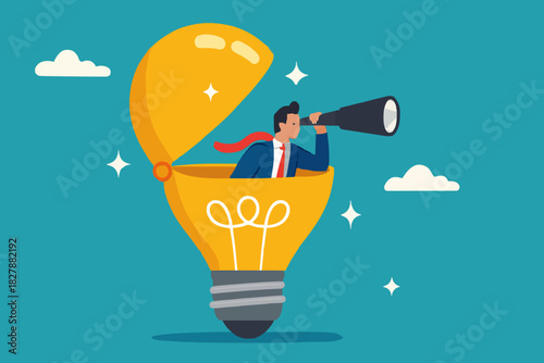Creativity to help see business opportunity, vision to discover new solution or idea, curiosity, searching for success concept, businessman open lightbulb idea using binoculars to see business vision.