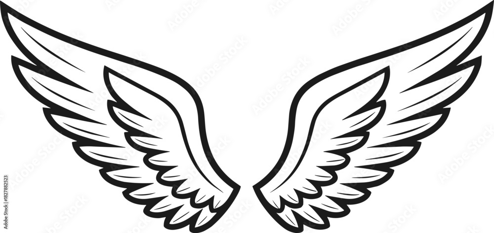 Fototapeta premium Symmetrical black and white stylized wings illustration with layered feathers for tattoo, logo, or spiritual design use