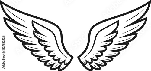 Symmetrical black and white stylized wings illustration with layered feathers for tattoo, logo, or spiritual design use