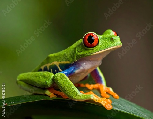 Bright green frog sits on a leaf with orange feet and striking red eyes against a blurred green background