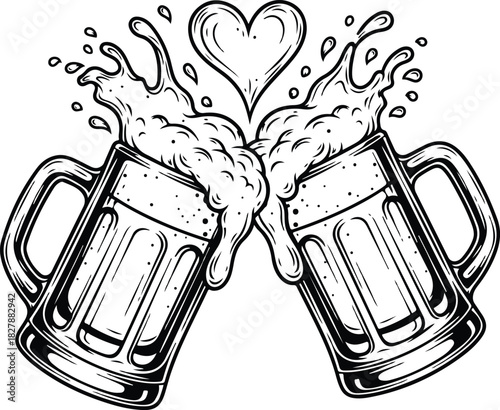 Beer Mugs Toast with Heart Splash Vector