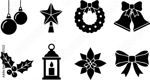 Silhouette pack of 6?8 Christmas decorations ? hanging ornaments, star topper, Christmas wreath, bell with bow, candle lantern, holly leaves, poinsettia flower, ribbon bow.eps