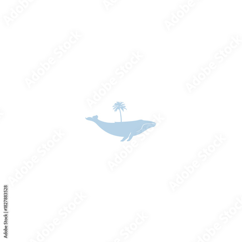 Minimalist light blue whale silhouette carrying a small tropical island with a palm tree, symbolizing ocean journey or marine life.