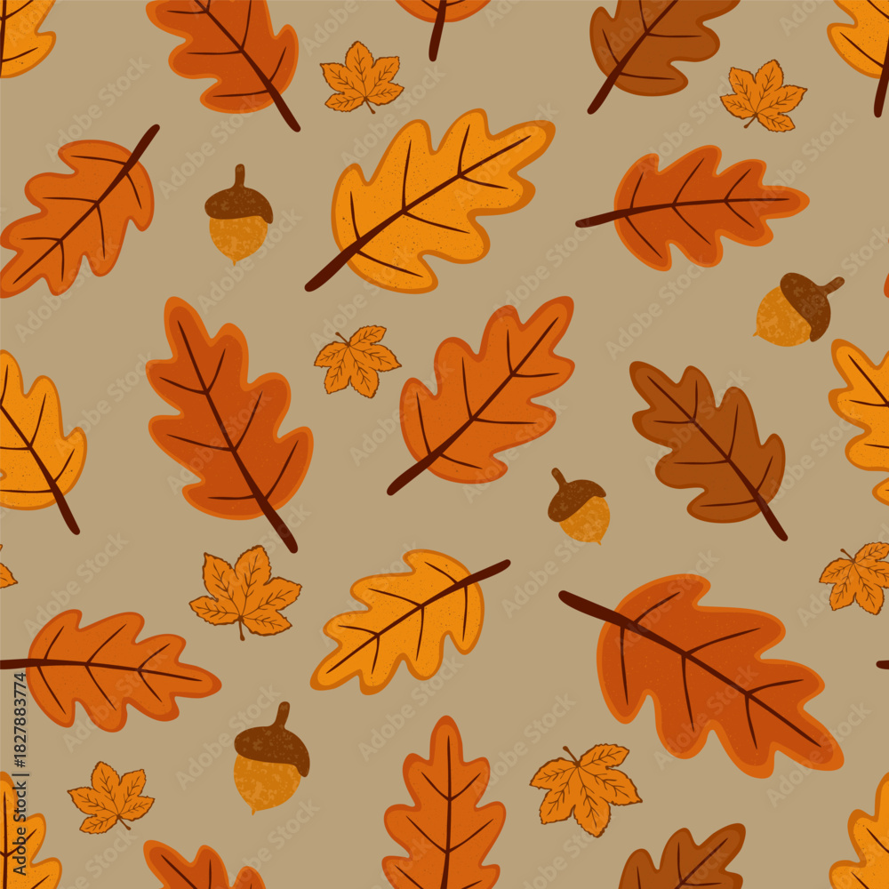 Obraz premium Autumn seamless pattern with stylized leaves and acorns in warm tones. Repeating fall design for fabric, packaging, stationery, home decor and seasonal creative projects.