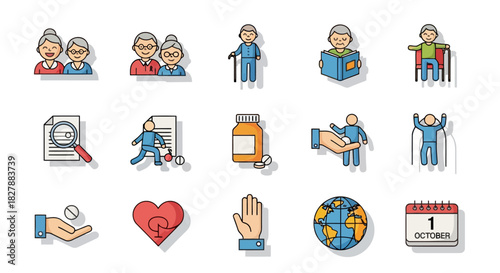Set of color line icons representing senior citizen health, wellness, and retirement community life