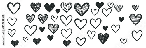 Collection of hand drawn heart doodles in different styles, black ink sketch, isolated on white background.