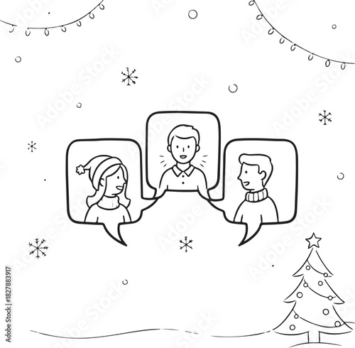 Hand drawn Christmas communication concept with people chatting in speech bubbles