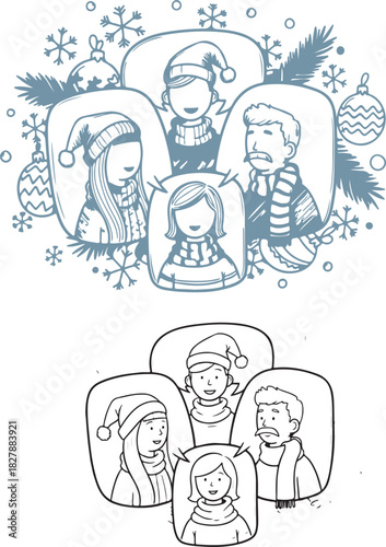 Hand drawn Christmas communication concept with people chatting in speech bubbles